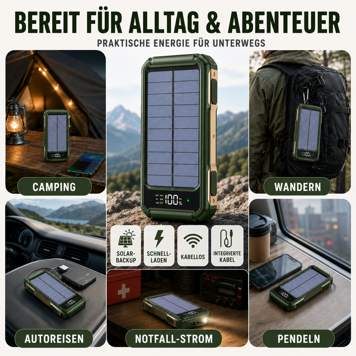 Draagbare Powerbank met Zonnepaneel 10000-20000mAh USB-C Snelladen Wireless Charging Outdoor Camping