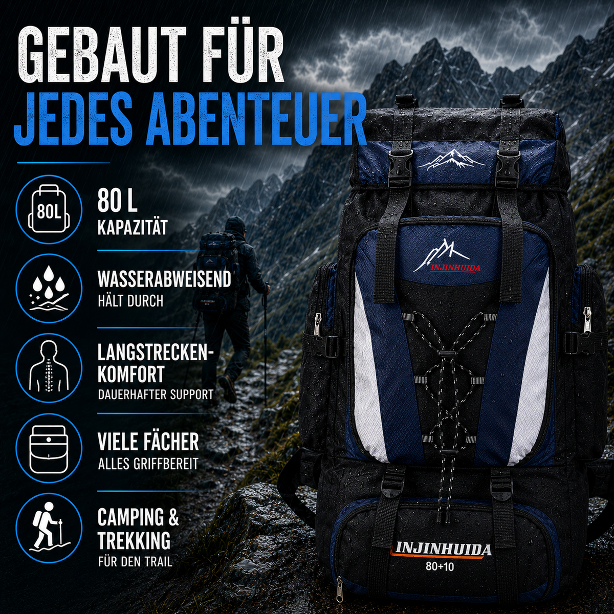 Trekkingtas 80 Liter Waterdicht Nylon Wandelrugzak met Heupgordel Ventilerend Rugpaneel Outdoor Camping