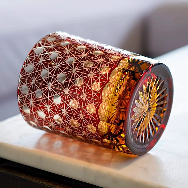 Handgeslepen Whiskeyglazen met Ster en Chrysant Patroon - Blauw Amber & Rood Amber - Inclusief Houten Doos