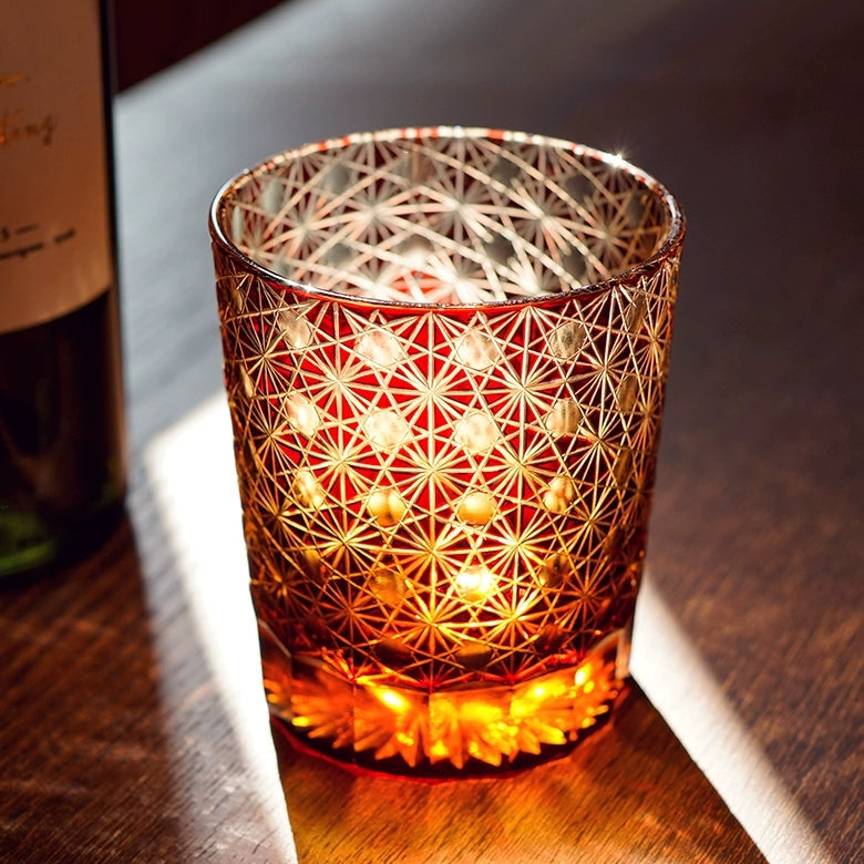 Handgeslepen Whiskeyglazen met Ster en Chrysant Patroon - Blauw Amber & Rood Amber - Inclusief Houten Doos