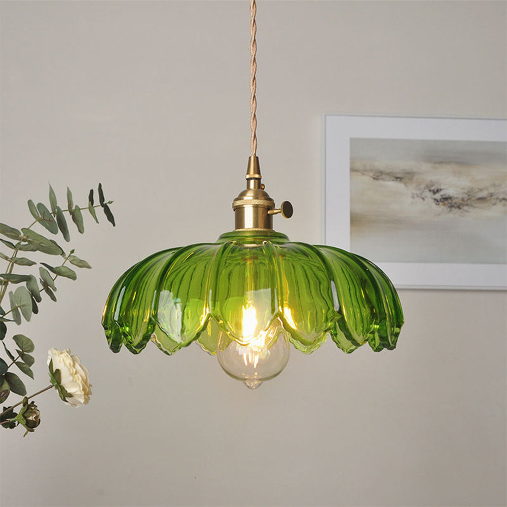 Glazen bloem hanglamp glas messing groen eetkamer vintage design keuken verlichting E27 verstelbaar modern klassiek