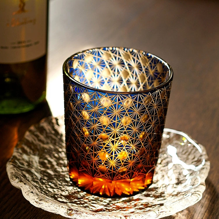 Handgeslepen Whiskeyglazen met Ster en Chrysant Patroon - Blauw Amber & Rood Amber - Inclusief Houten Doos