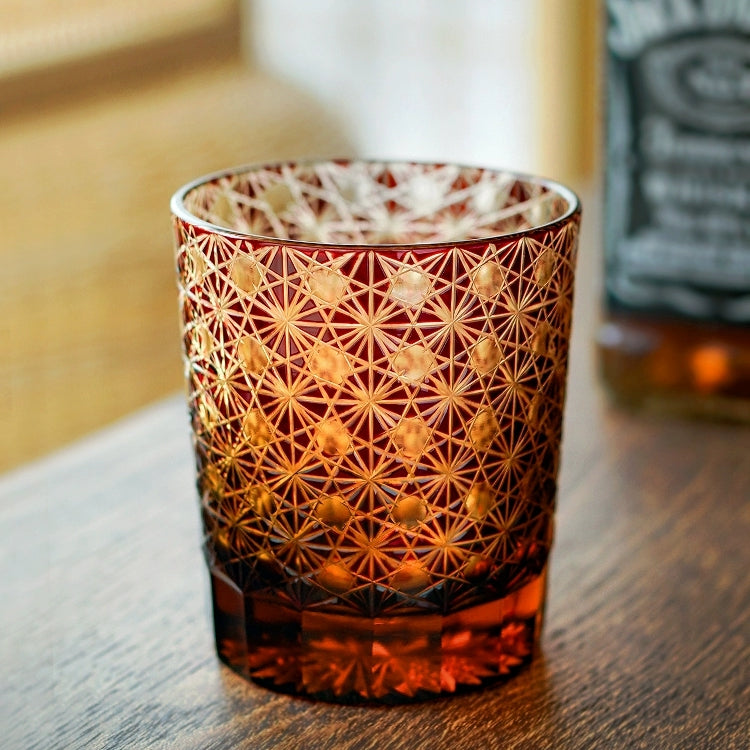 Handgeslepen Whiskeyglazen met Ster en Chrysant Patroon - Blauw Amber & Rood Amber - Inclusief Houten Doos