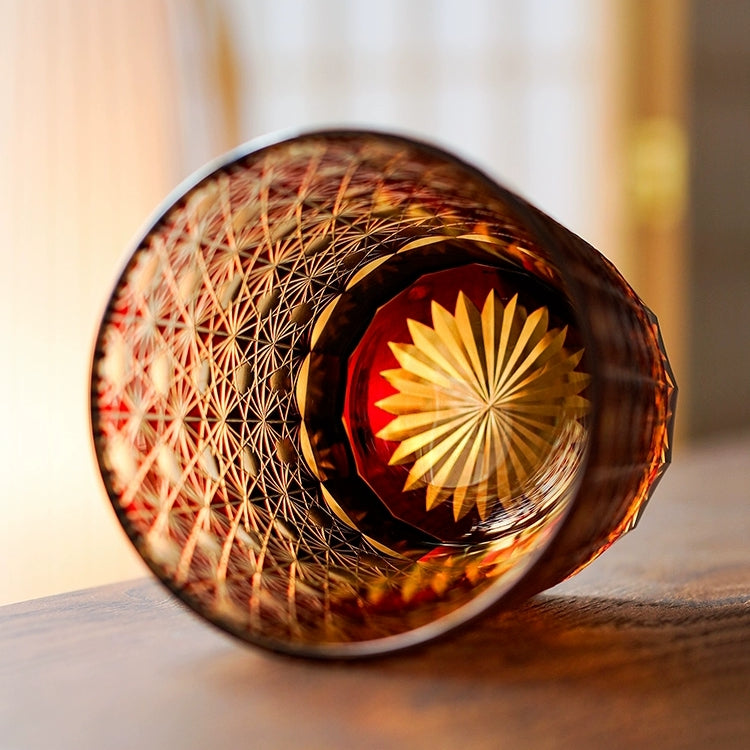 Handgeslepen Whiskeyglazen met Ster en Chrysant Patroon - Blauw Amber & Rood Amber - Inclusief Houten Doos