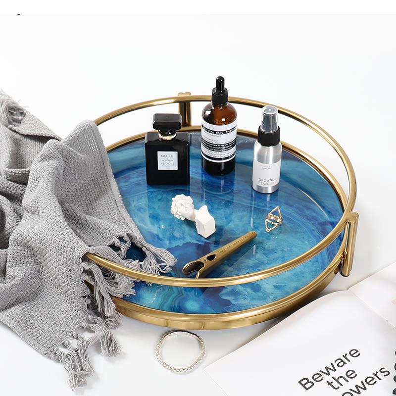 Decoratief Dienblad met Blauwe Agaatprint - Rechthoekig en Rond Glas met RVS Frame - Stijlvolle Serveerplank voor Drankjes en Hapjes