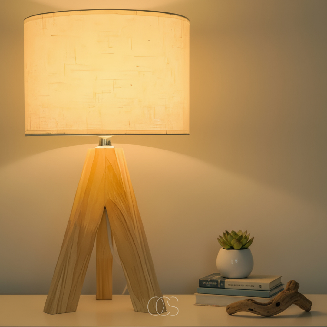 Houten Tafellamp E14 met Textiele Kap Warm Licht Sfeerlamp Nachtkastje Dressoir Woonkamer Scandinavisch