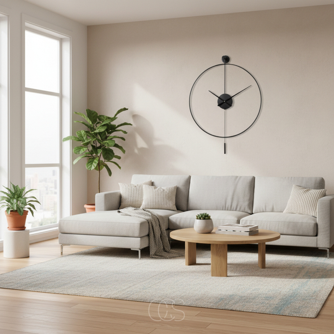 Stille Wandklok met Slinger 50cm Zwart Metaal Geruisloos Uurwerk Scandinavisch Interieur Tijdweergave