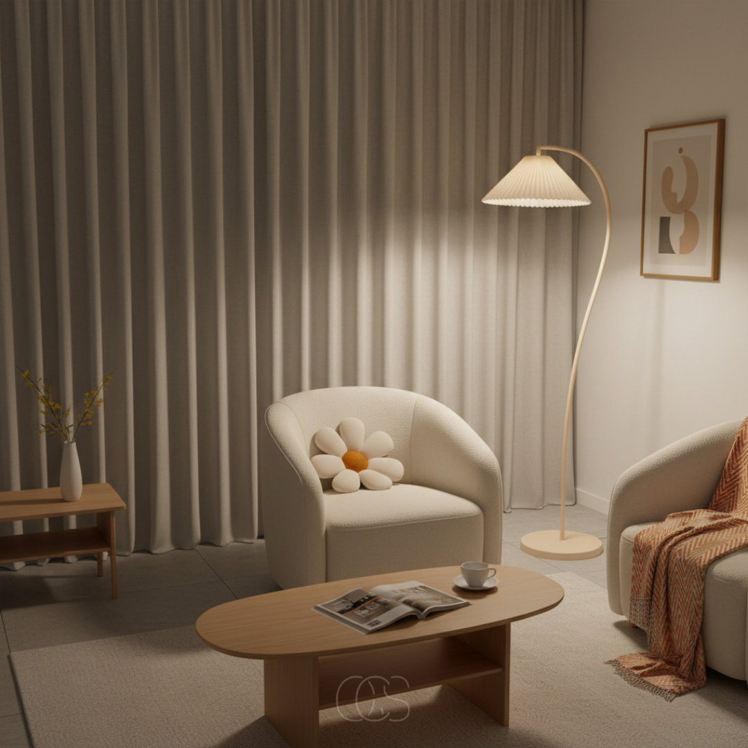 Staande Leeslamp Gebogen Arm Geplooide Kap Beige E27 Woonkamer Slaapkamer Leeshoek Dimbaar Sfeerverlichting