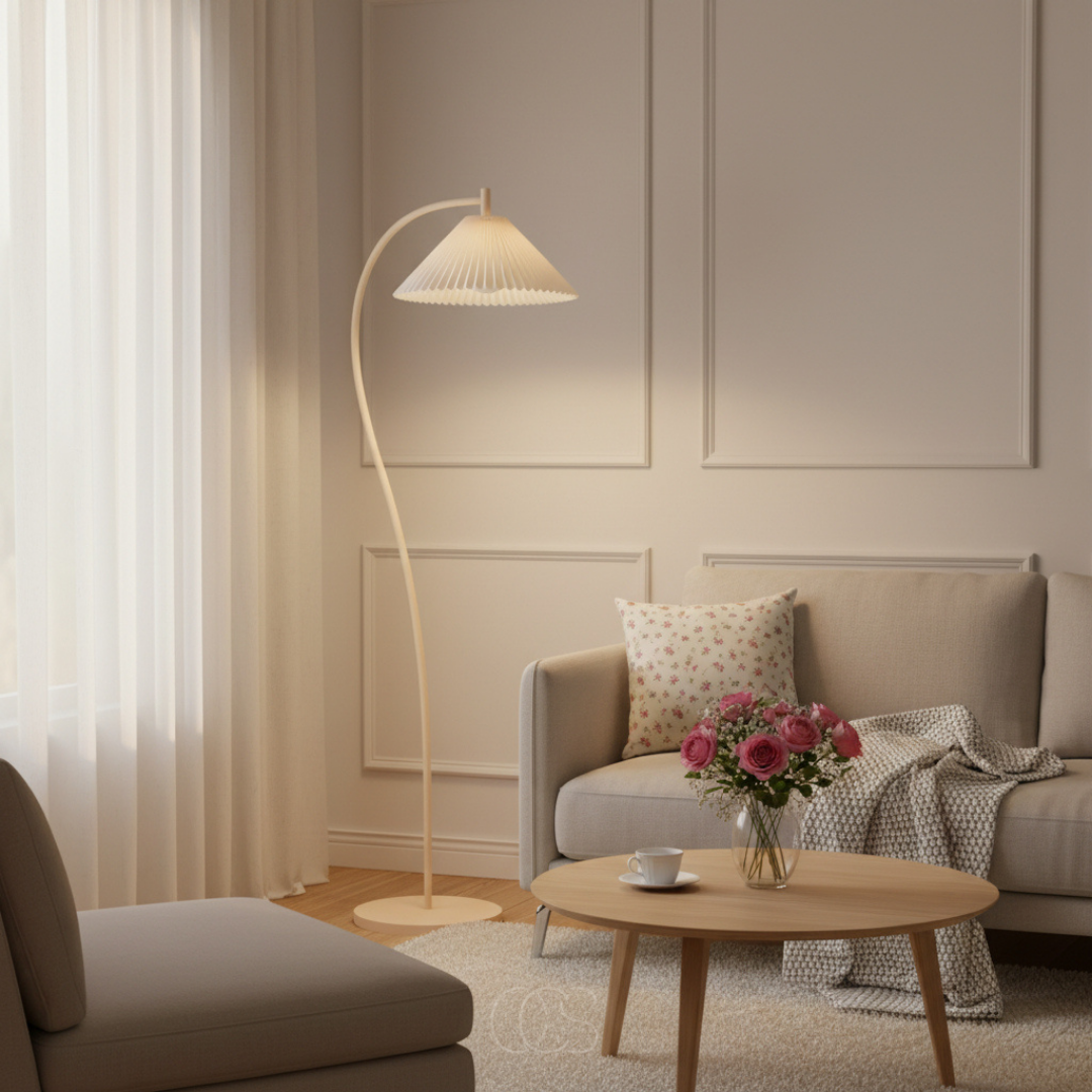 Staande Leeslamp Gebogen Arm Geplooide Kap Beige E27 Woonkamer Slaapkamer Leeshoek Dimbaar Sfeerverlichting