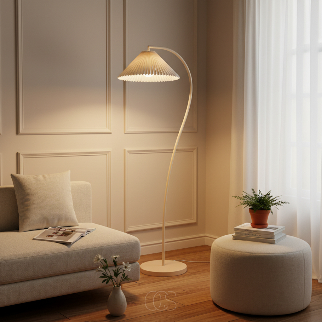Staande Leeslamp Gebogen Arm Geplooide Kap Beige E27 Woonkamer Slaapkamer Leeshoek Dimbaar Sfeerverlichting