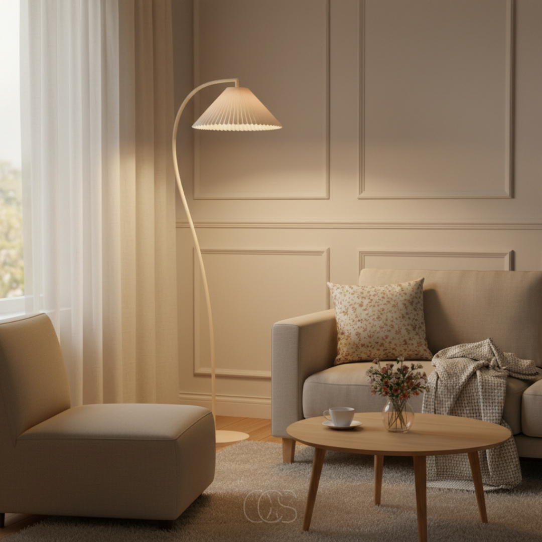 Staande Leeslamp Gebogen Arm Geplooide Kap Beige E27 Woonkamer Slaapkamer Leeshoek Dimbaar Sfeerverlichting