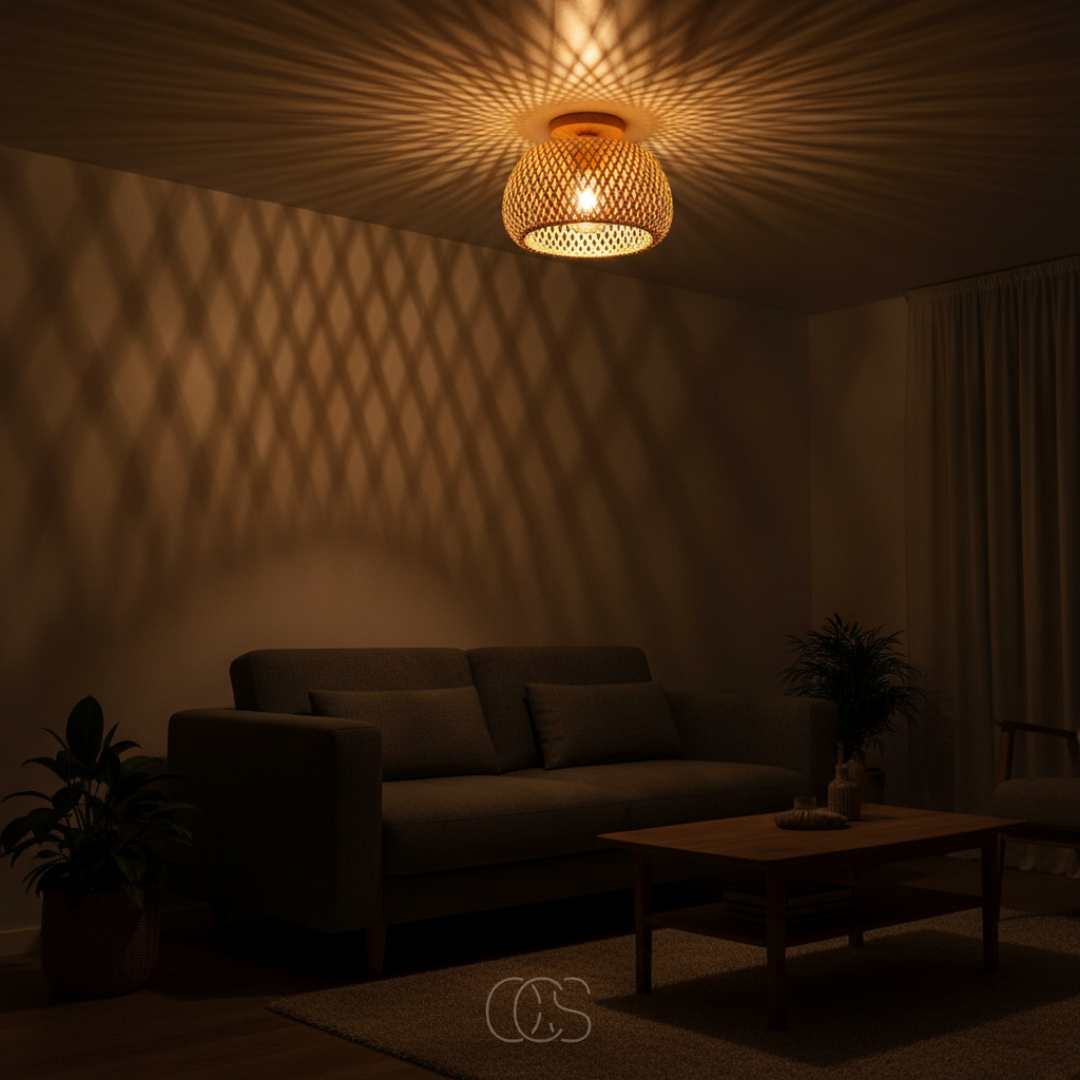 Gevlochten Rotan Plafondlamp Ø30cm Naturel Handgemaakt Sfeerverlichting Scandinavisch Design Woonkamer Slaapkamer