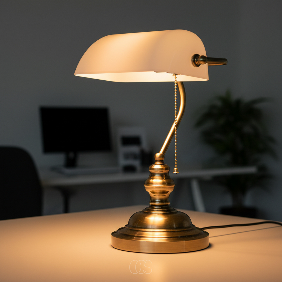 Klassieke Bankierslamp met Glazen Kap Bureauverlichting Metaal E27 Trekschakelaar 39cm Retro Tafellamp