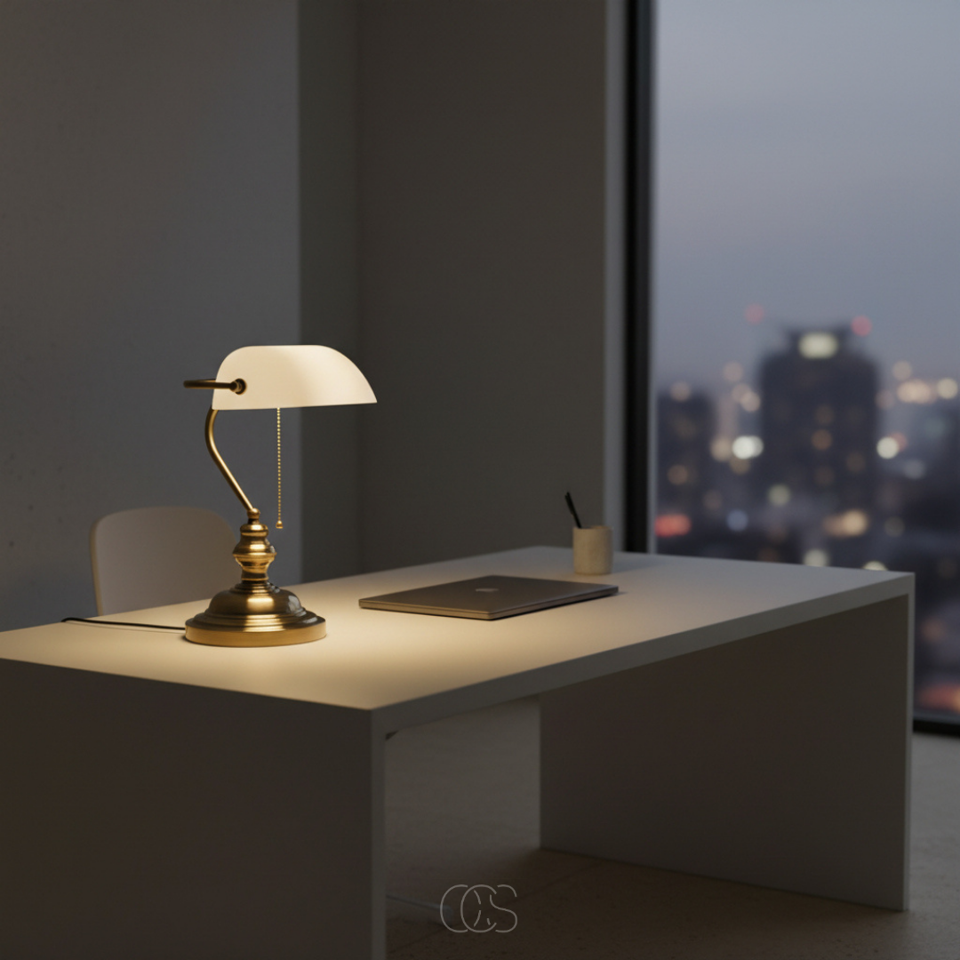 Klassieke Bankierslamp met Glazen Kap Bureauverlichting Metaal E27 Trekschakelaar 39cm Retro Tafellamp