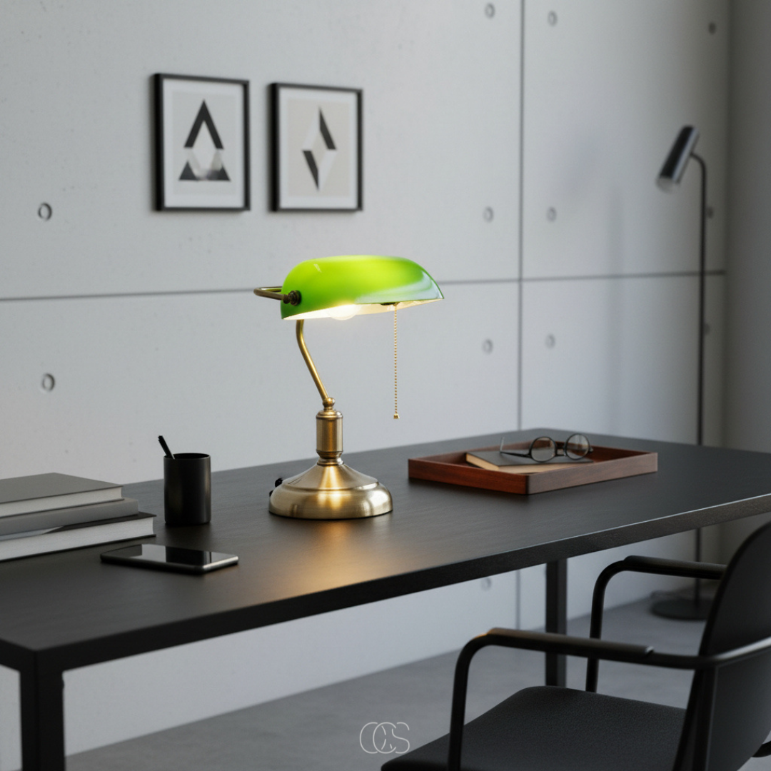 Klassieke Bankierslamp met Glazen Kap Bureauverlichting Metaal E27 Trekschakelaar 39cm Retro Tafellamp