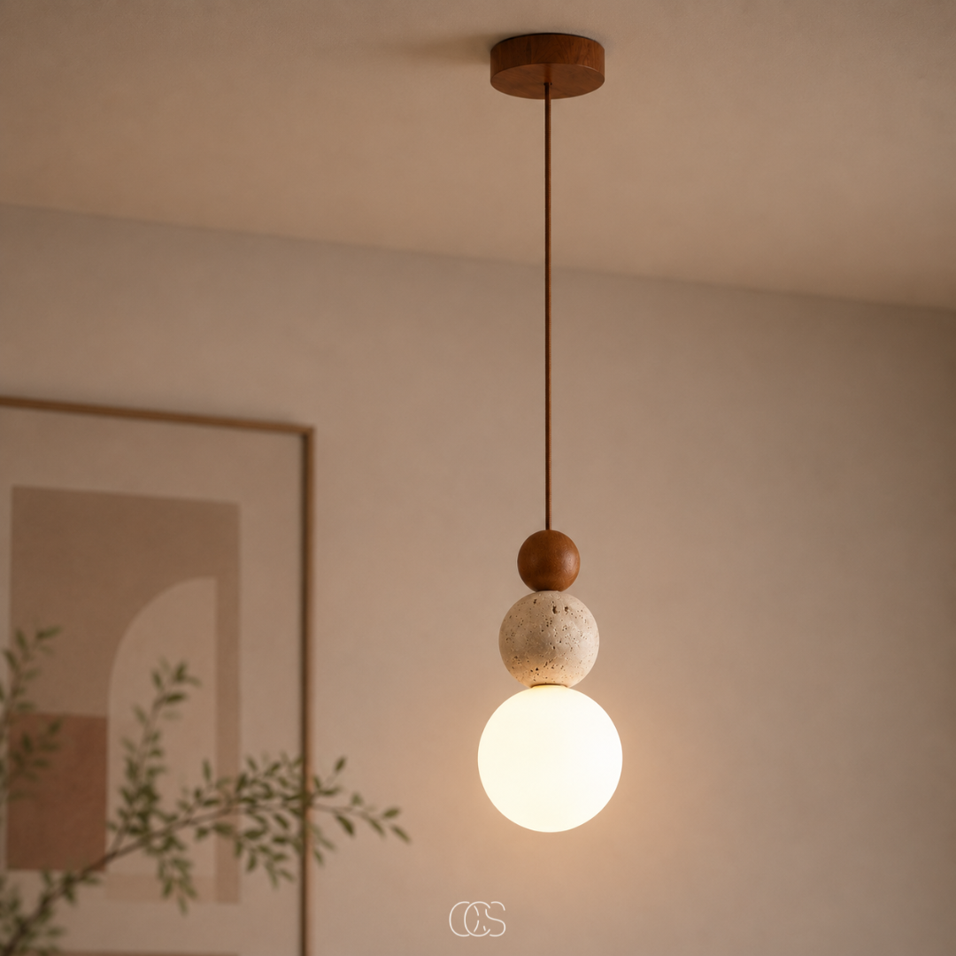 Hanglamp Glazen Bol Travertijn Look Minimalistisch Design Eettafel Sfeerlicht Pendellamp Modern Interieur Woonkamer