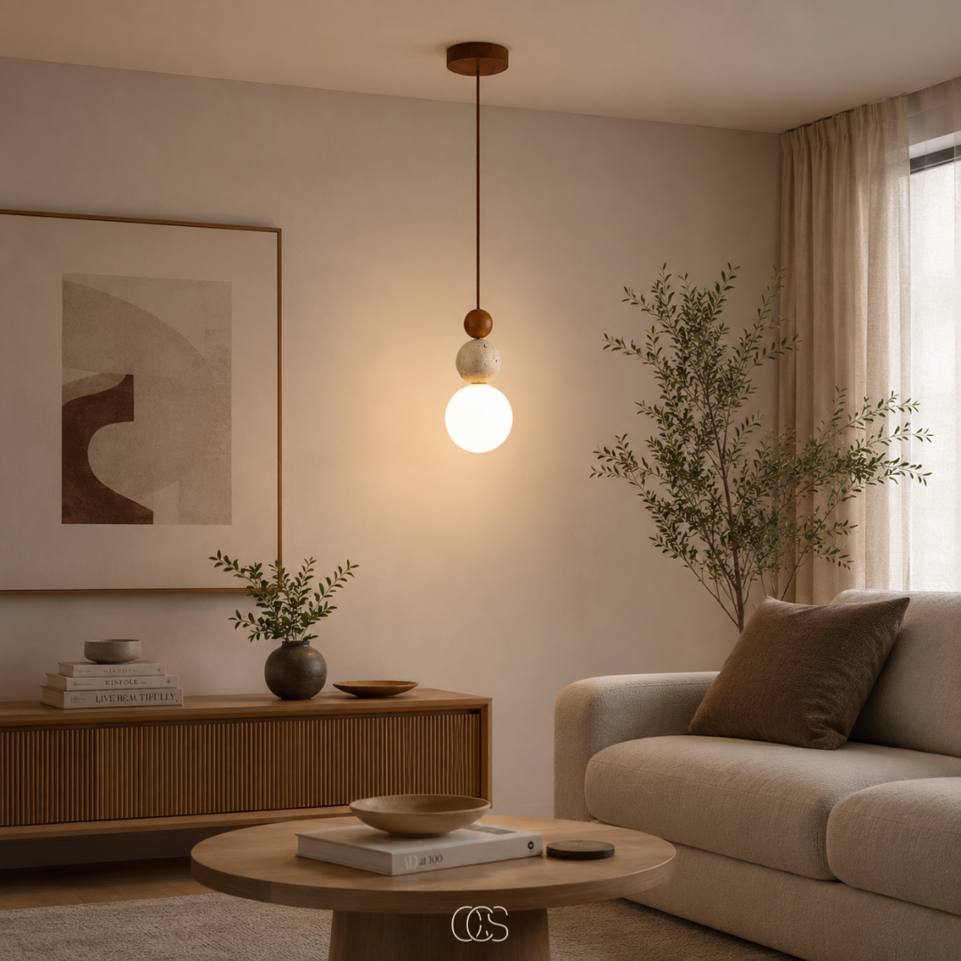 Hanglamp Glazen Bol Travertijn Look Minimalistisch Design Eettafel Sfeerlicht Pendellamp Modern Interieur Woonkamer