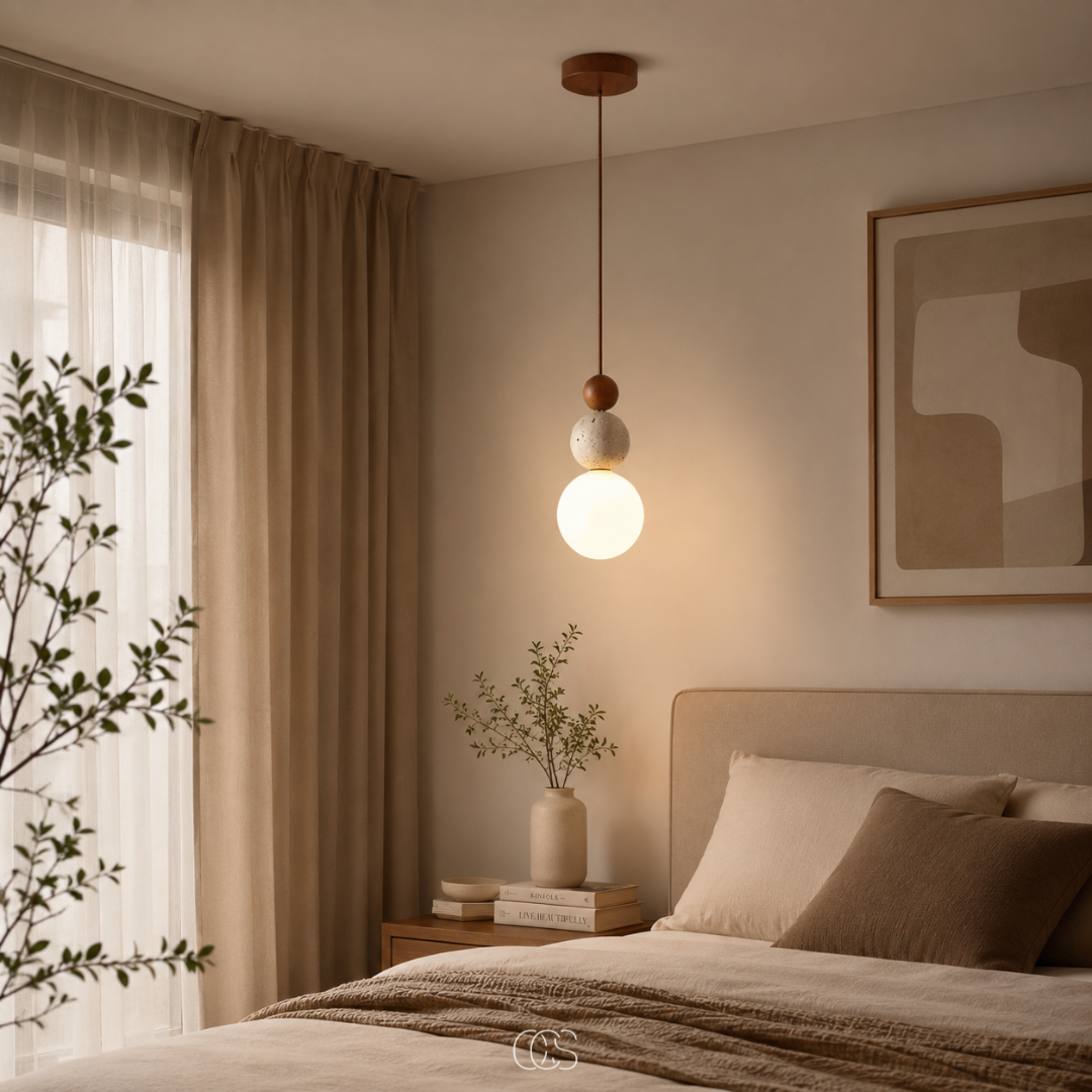 Hanglamp Glazen Bol Travertijn Look Minimalistisch Design Eettafel Sfeerlicht Pendellamp Modern Interieur Woonkamer
