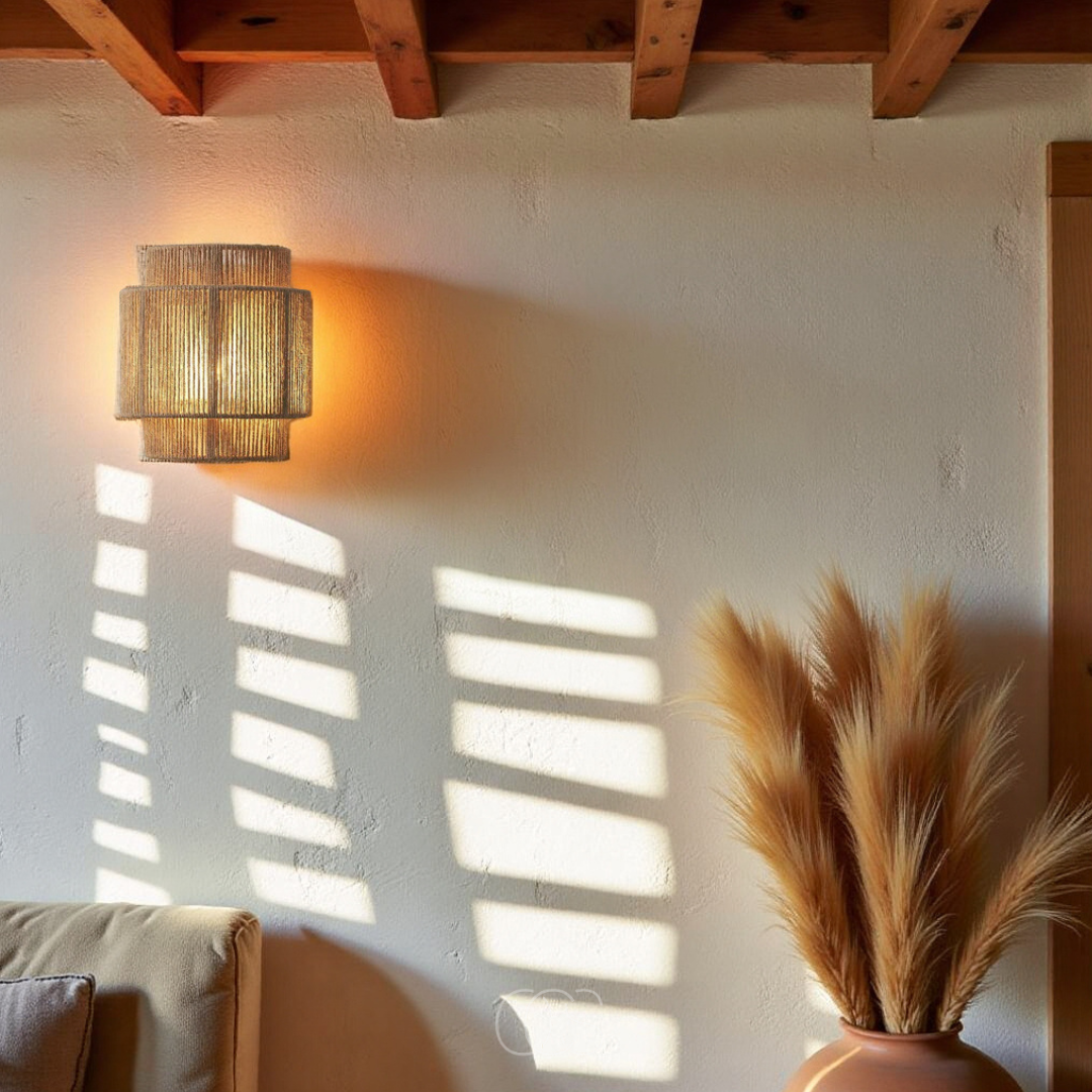 Gevlochten Wandlamp Natuurlijk Riet 25cm Boho Sfeerlicht Warm Schaduwpatroon Woonkamer Slaapkamer Hal Interieur