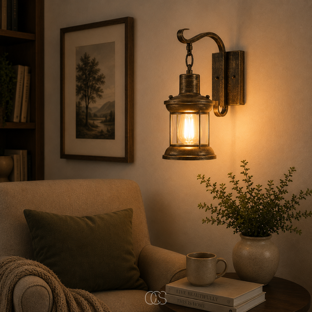 Vintage Wandlamp Metaal met Glazen Kap Zwart Brons Lantaarn E27 Industrieel Sfeervol Woonkamer 35x30cm