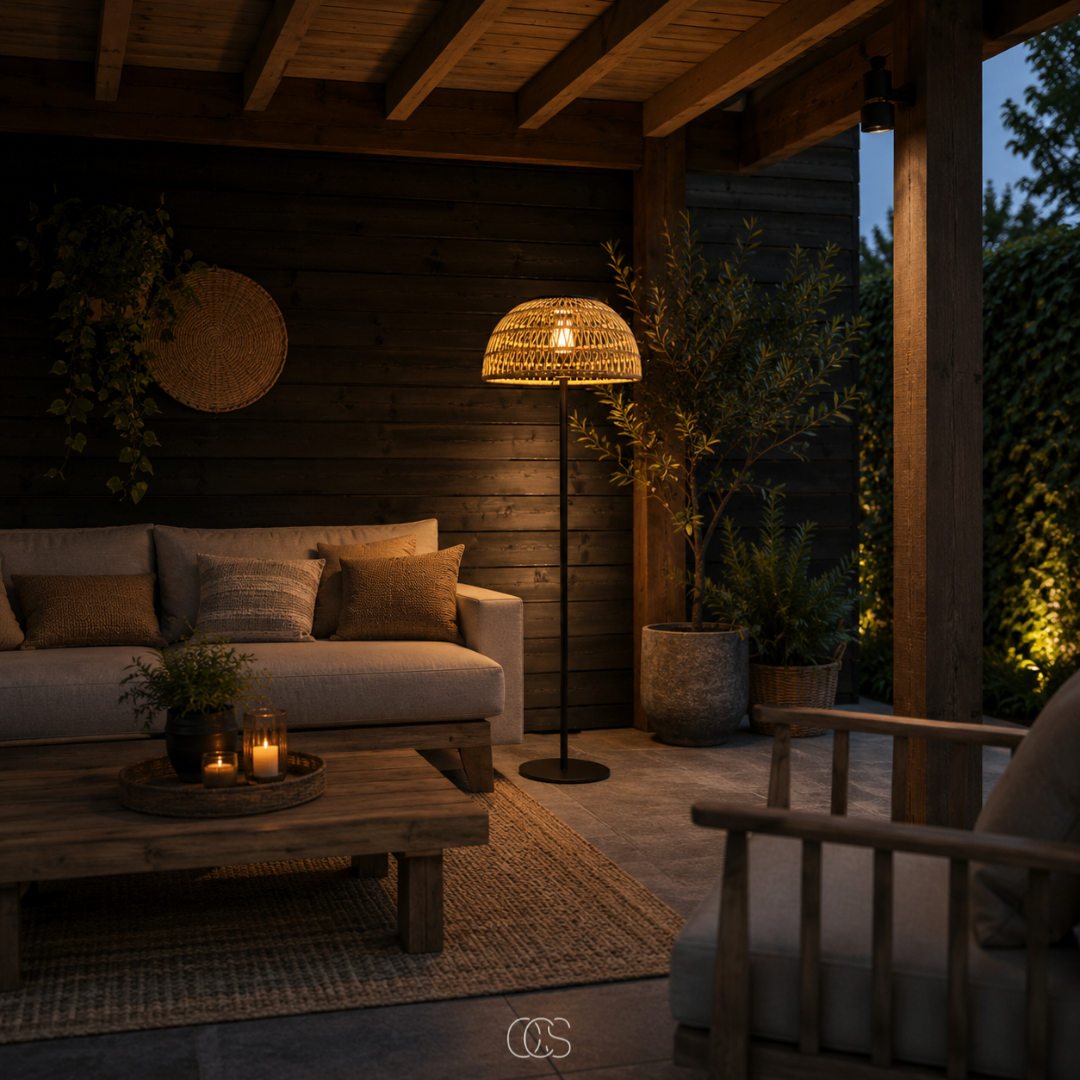 Staande Buitenlamp Rotan Zonne-energie 129cm Zwart Draadloos Sfeerverlichting Tuinverlichting Terras