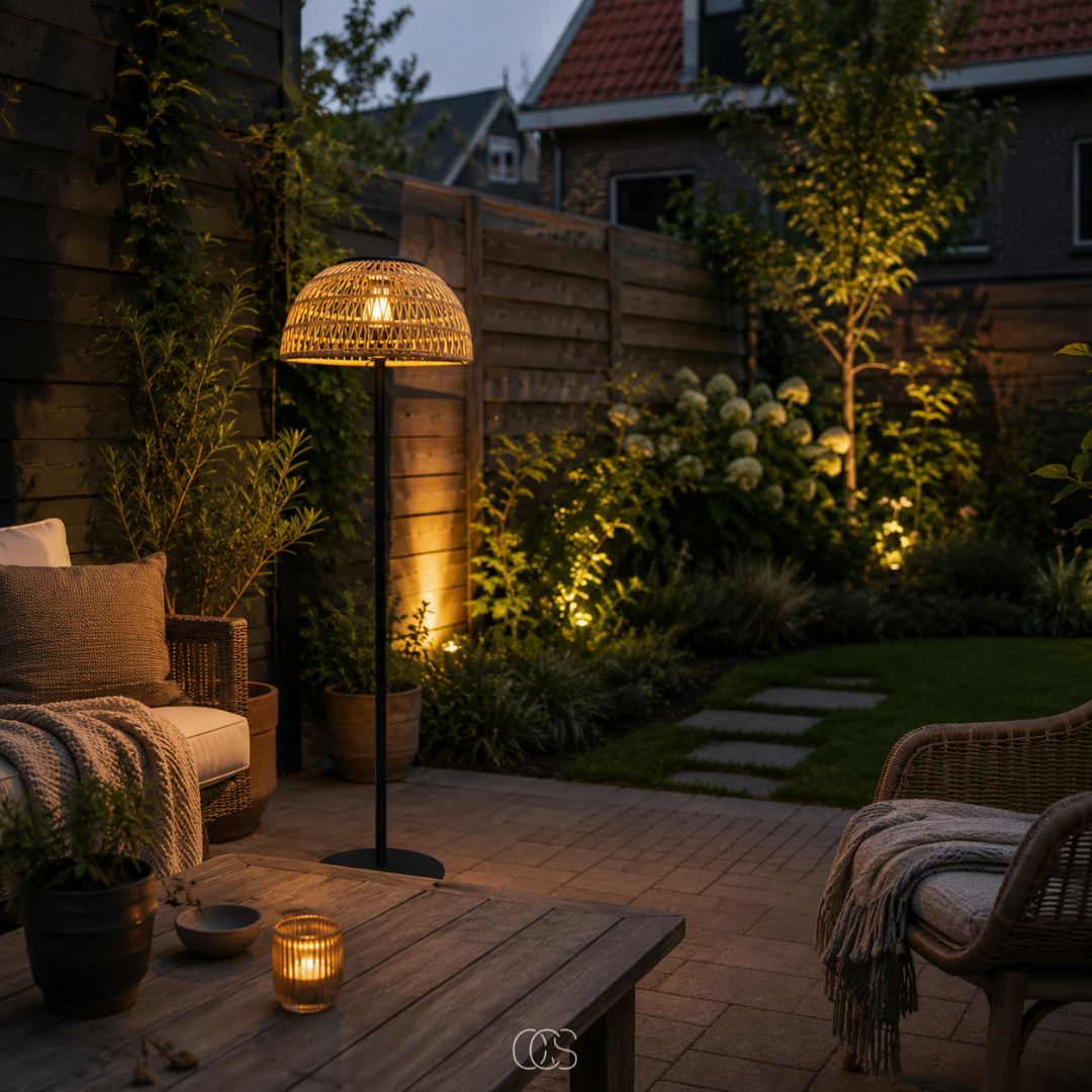 Staande Buitenlamp Rotan Zonne-energie 129cm Zwart Draadloos Sfeerverlichting Tuinverlichting Terras