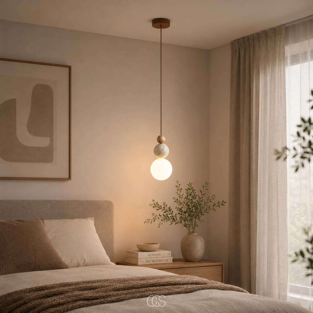 Hanglamp Glazen Bol Travertijn Look Minimalistisch Design Eettafel Sfeerlicht Pendellamp Modern Interieur Woonkamer