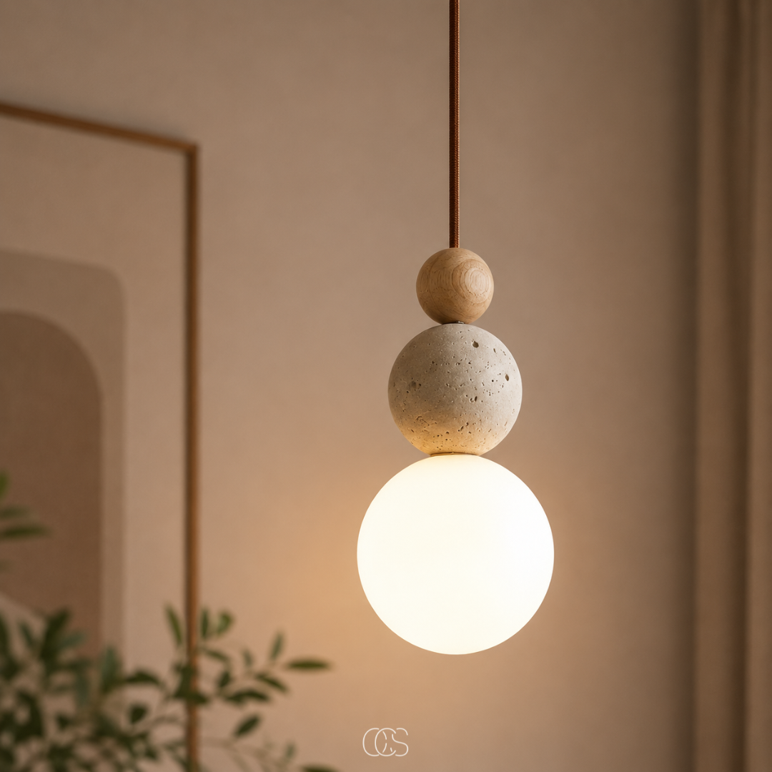 Hanglamp Glazen Bol Travertijn Look Minimalistisch Design Eettafel Sfeerlicht Pendellamp Modern Interieur Woonkamer
