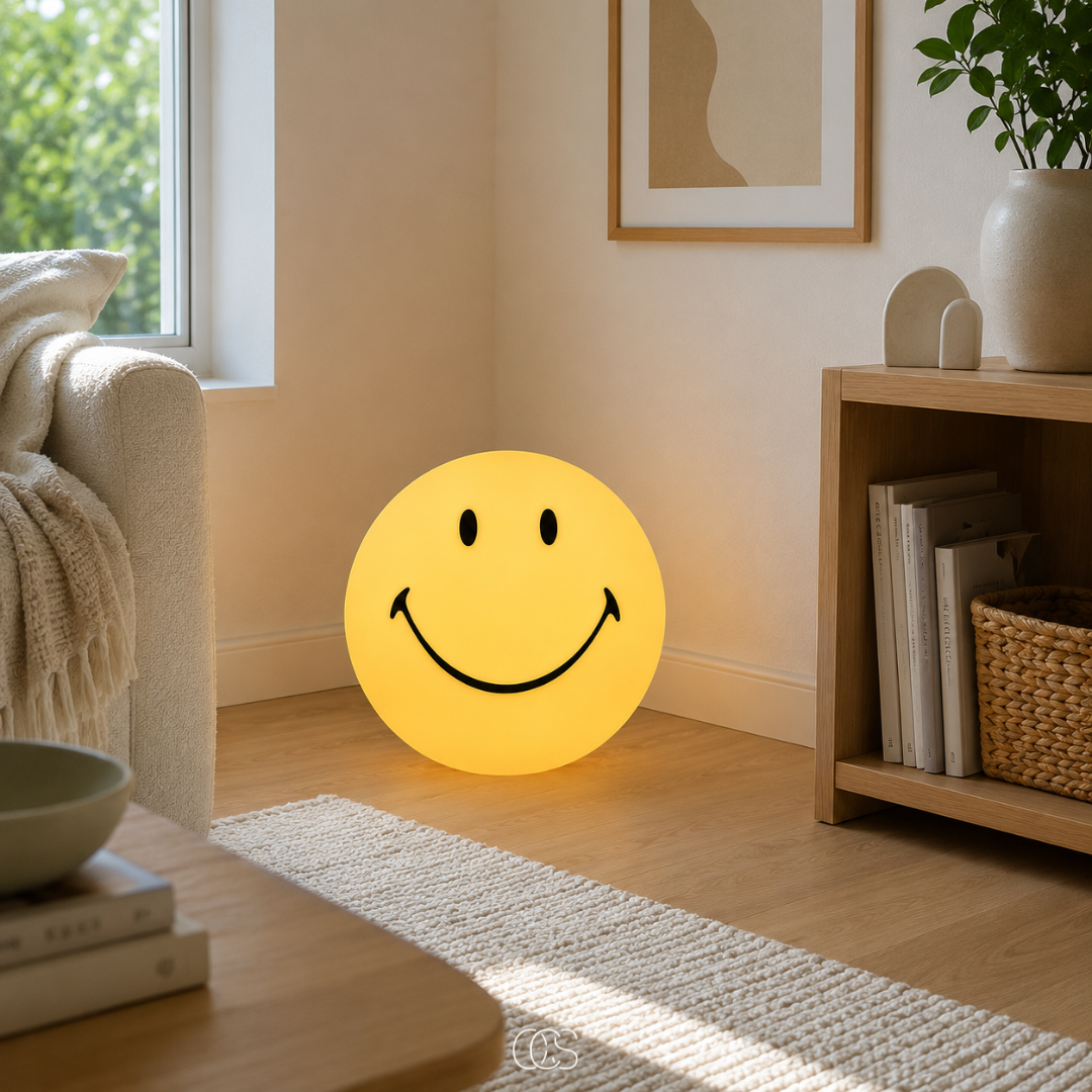 Smiley LED Tafellamp Geel 24cm Dimbaar Warm Wit Licht Nachtlampje Kinderkamer Slaapkamer Sfeerverlichting