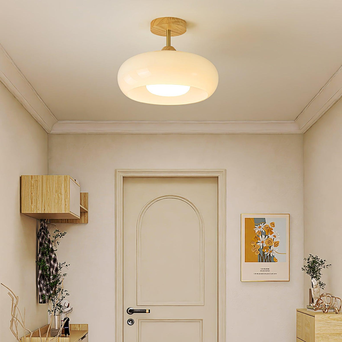 Vintage Bauhaus Plafondlamp met Glazen Schijf - Natuurlijk Houten Frame in Oranje of Wit - Ø28cm Verlichting voor Mid-Century Modern Interieur