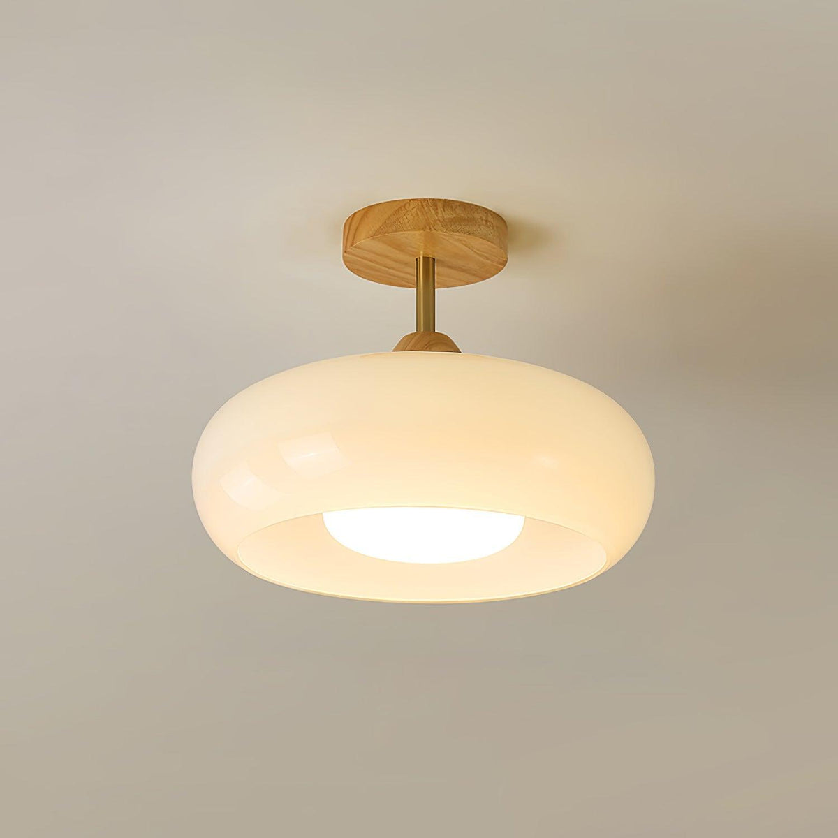 Vintage Bauhaus Plafondlamp met Glazen Schijf - Natuurlijk Houten Frame in Oranje of Wit - Ø28cm Verlichting voor Mid-Century Modern Interieur