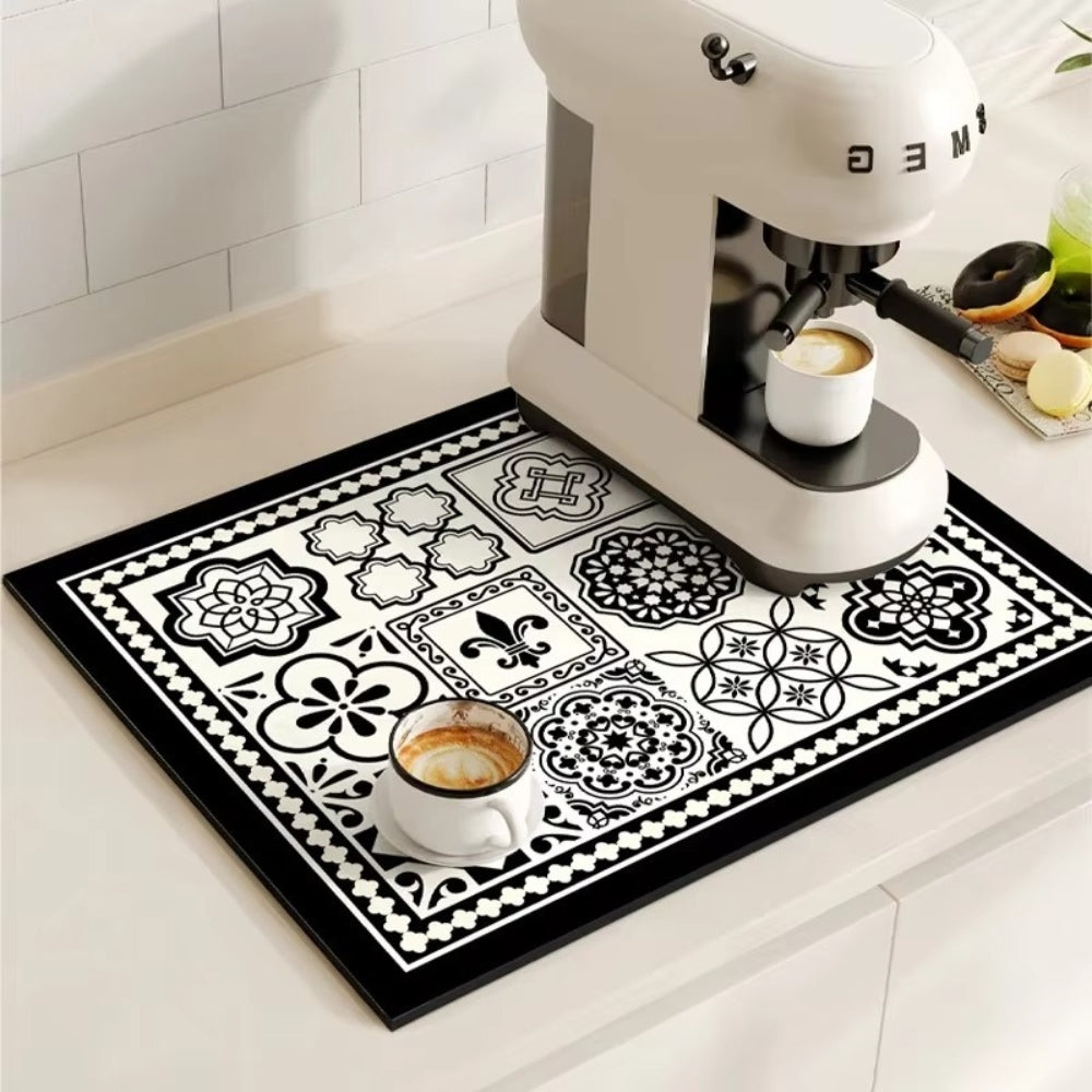 Retro Design Absorberend Koffiemat - Sneldrogend Waterbestendig Rubber - Vintage Tegelmotief Droogmat voor Koffiehoek Aanrecht Vaatdroger