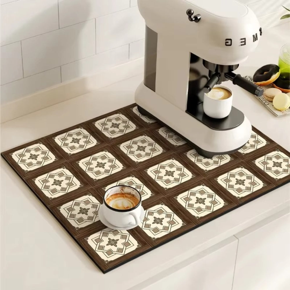 Retro Design Absorberend Koffiemat - Sneldrogend Waterbestendig Rubber - Vintage Tegelmotief Droogmat voor Koffiehoek Aanrecht Vaatdroger