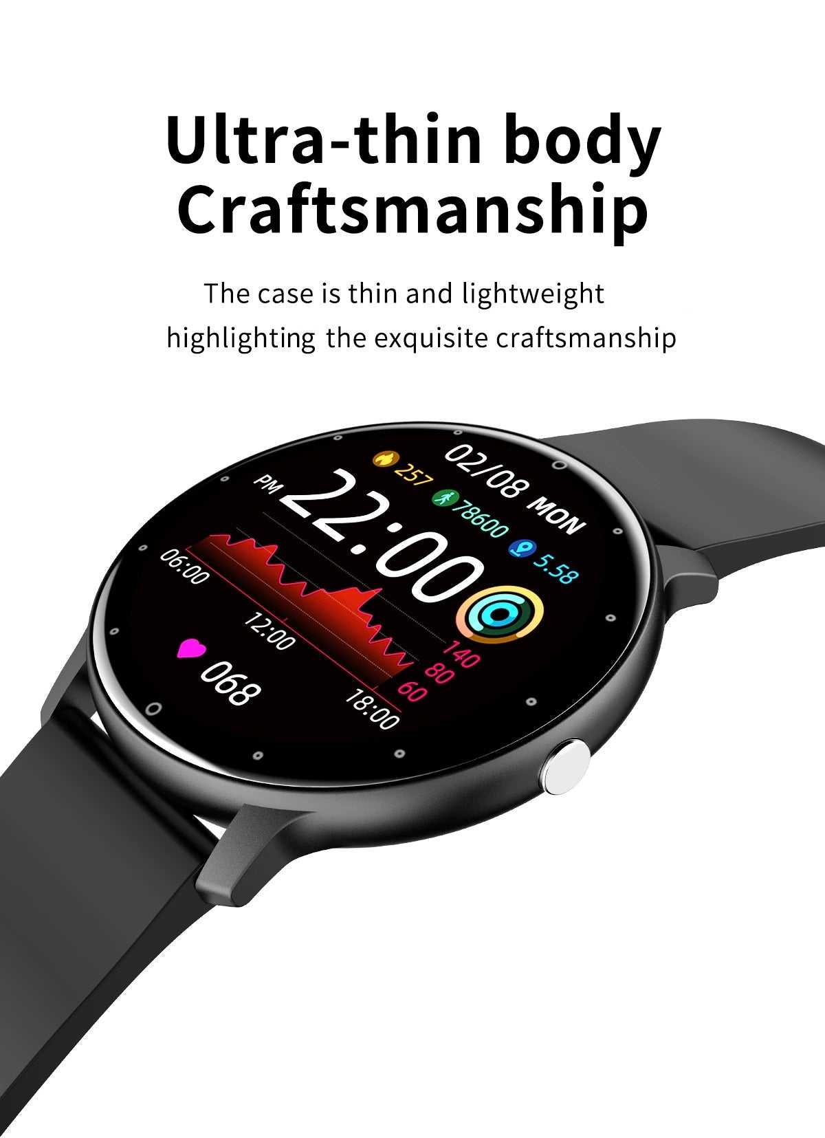 Ultraslanke Smartwatch Fitness Tracker Hartslagmeter Stappenteller Waterdicht IP67 Sport Horloge Activiteit