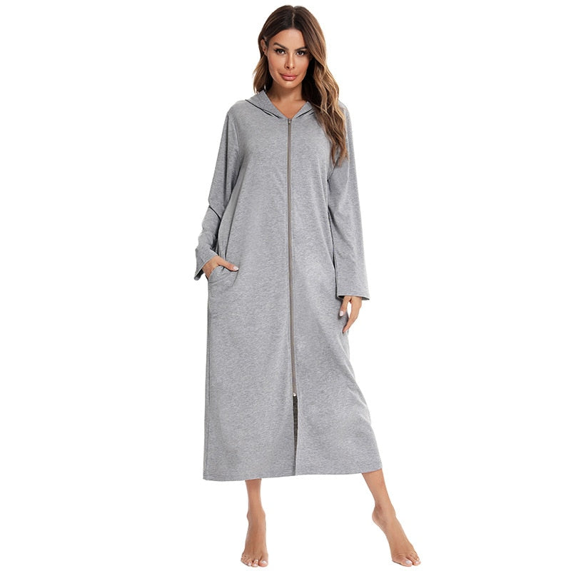 Badjas met Capuchon en Rits Fleece Ochtendjas met Zakken Dames Lange Mouwen Homewear Zwangerschap Comfortabel