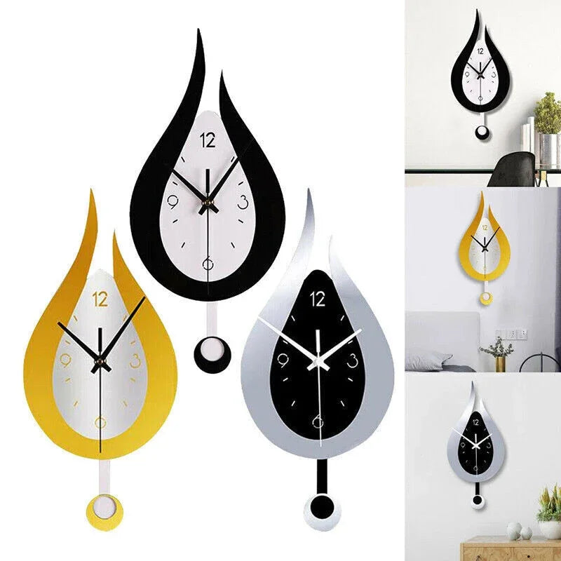 Acryl Slinger Wandklok met Stil Uurwerk - Moderne Waterdruppelvorm in Metaal voor Woonkamer en Slaapkamer