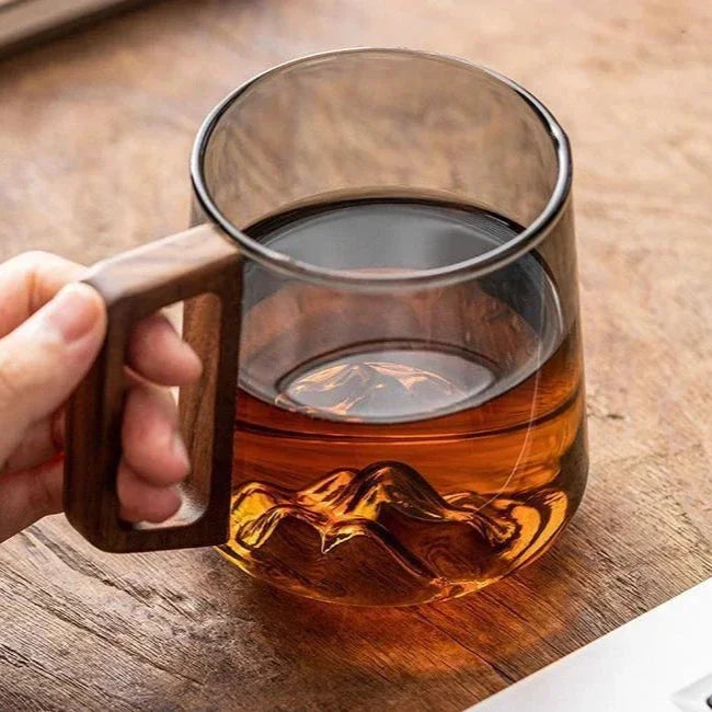 Glazen Bergpiek Beker met Dubbele Wand 300ml - Hittebestendig Borosilicaatglas met Houten Handgreep voor Koffie en Thee