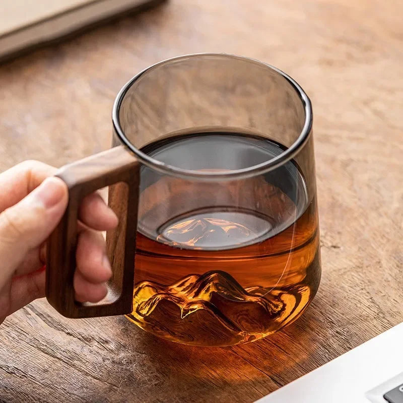 Glazen Bergpiek Beker met Dubbele Wand 300ml - Hittebestendig Borosilicaatglas met Houten Handgreep voor Koffie en Thee