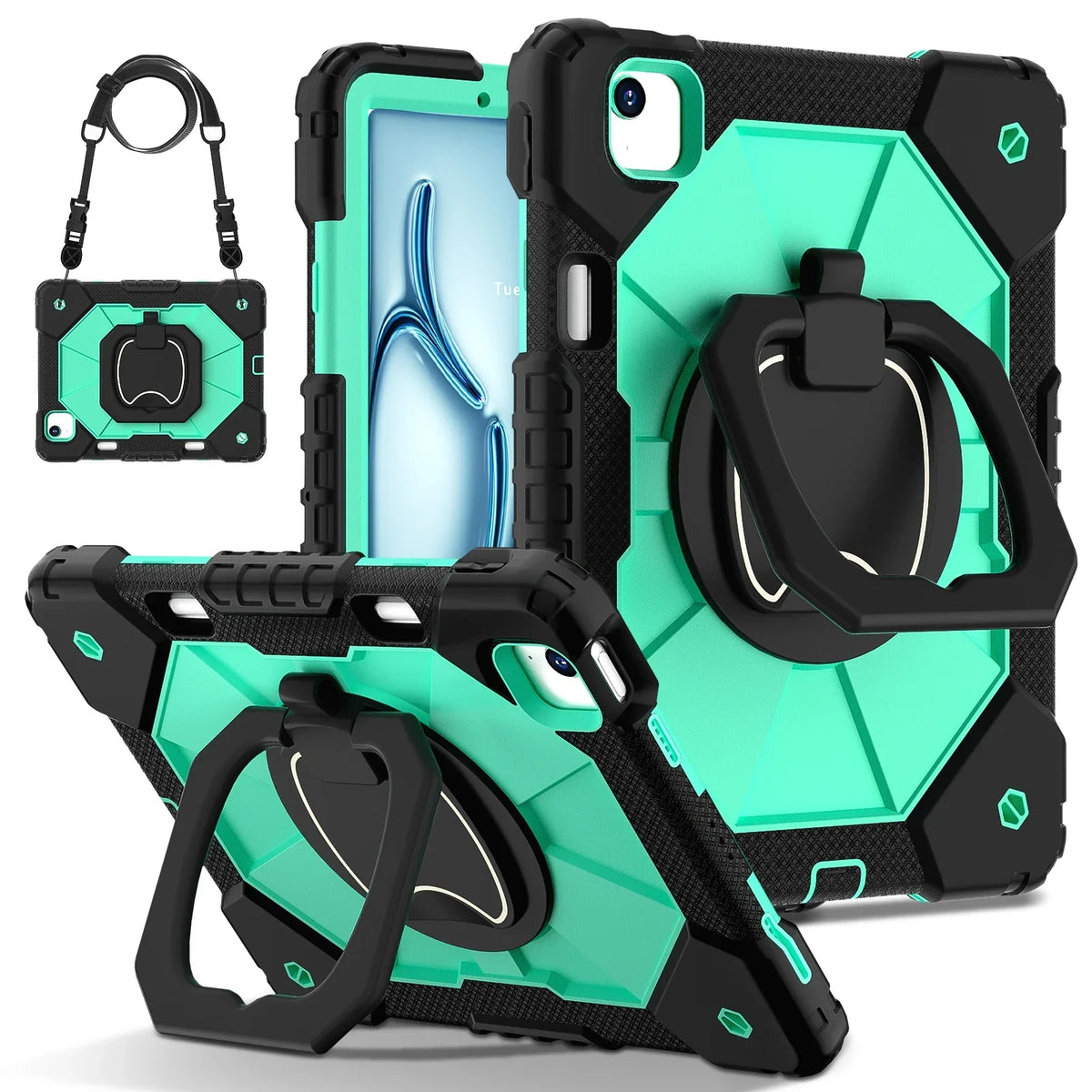 Robuuste iPad Hoes met Ringgrip Drielaagse Bescherming Kickstand Schouderband Screenprotector Zwart Oranje