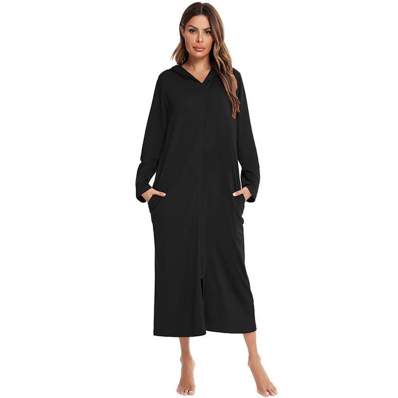Badjas met Capuchon en Rits Fleece Ochtendjas met Zakken Dames Lange Mouwen Homewear Zwangerschap Comfortabel