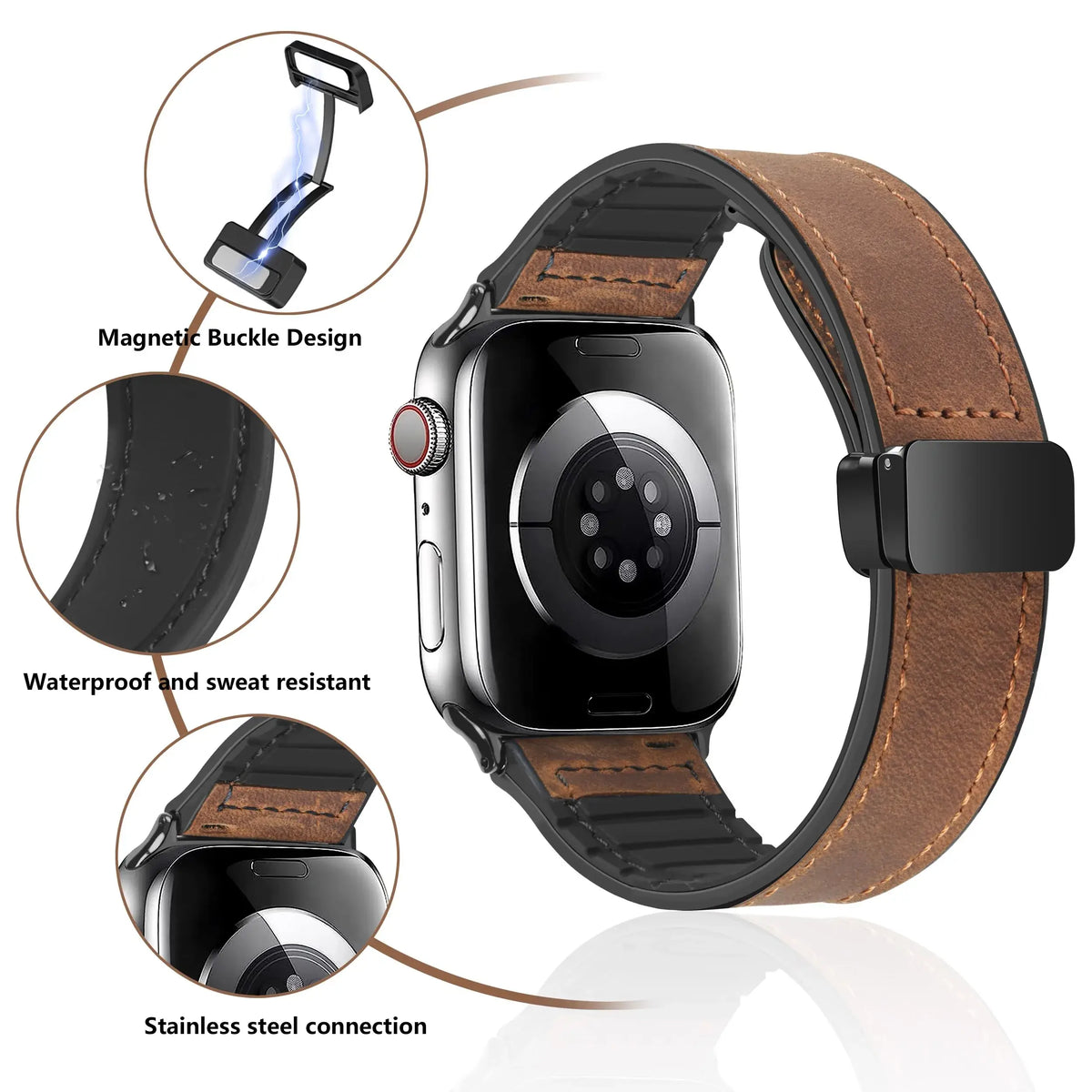 Magnetische Leren Smartwatch Band Echt Leder Verstelbare Polsband Waterbestendig Sportief Elegant Stijlvol