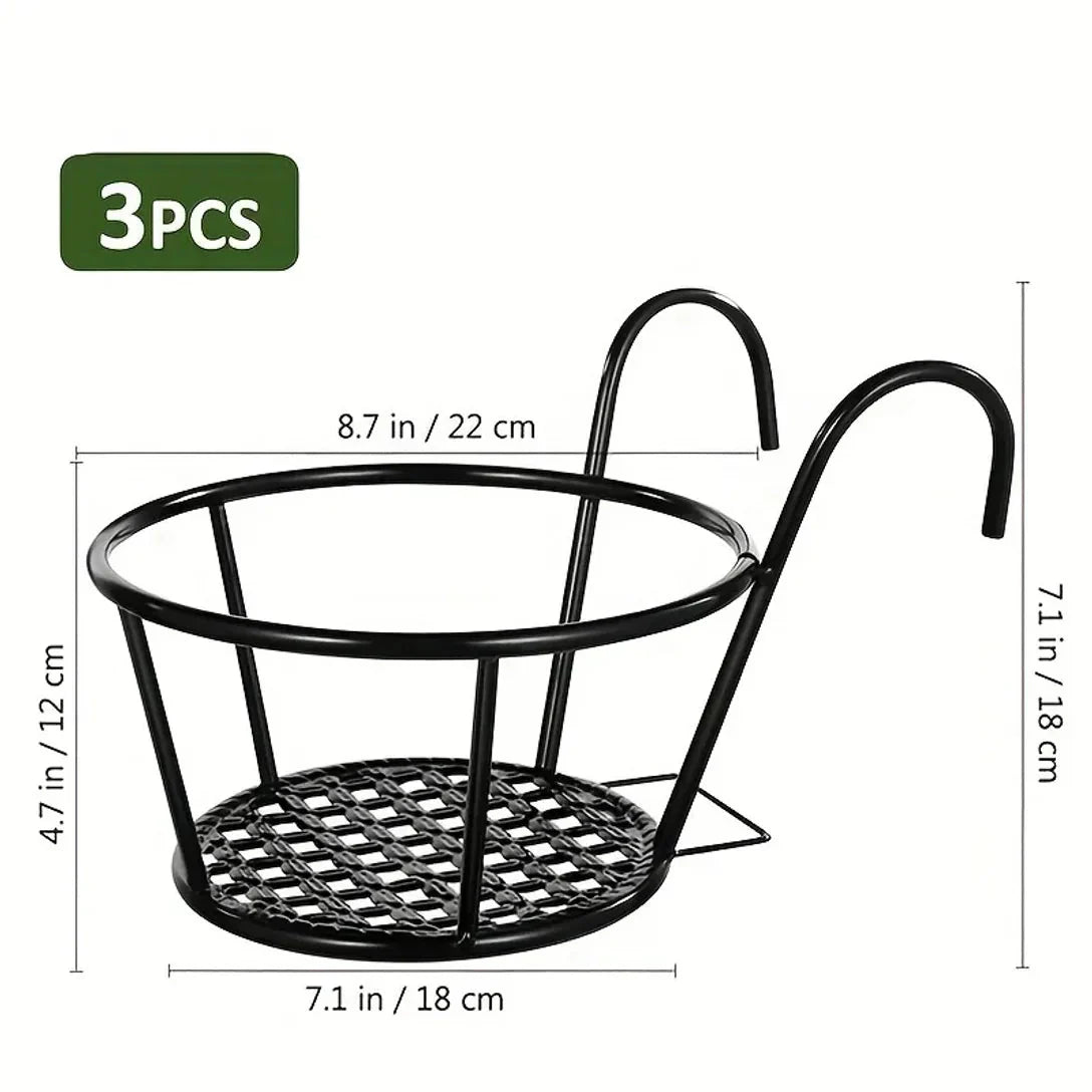 Hangende Bloempothouders Metaal Zwart voor Balkon - 3 Stuks met Ophanghaak 22 cm Doorsnede