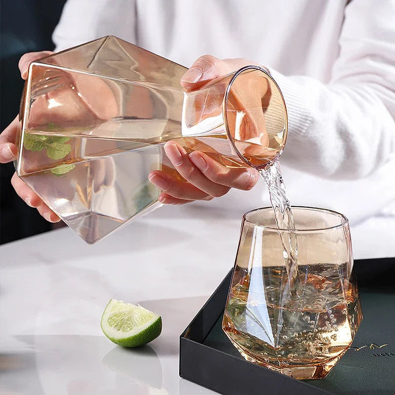 Glazen Karafset 5-delig met Diamantreliëf Transparant Glas Beukenhout Dop voor Serveren van Water Sap Wijn