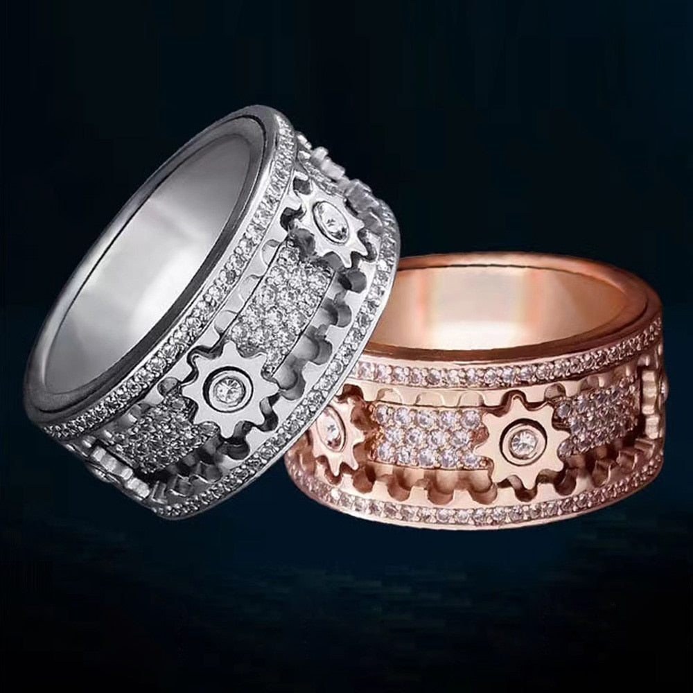 Draaibare Ring met Tandwielen Roestvrij Staal Zirkonia Anti-Stress Fidget Sieraad Spinner Maat 6-12 Unisex