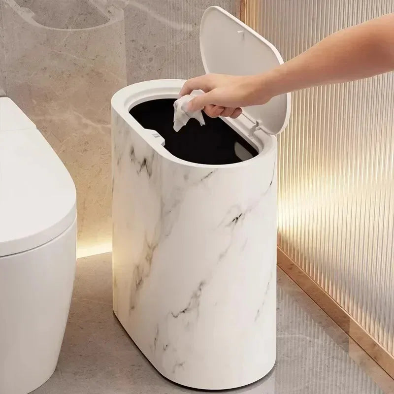 Afvalbak Marmerdesign Ellips Push Deksel Badkamer WC Kantoor Nordic Scandinavisch Compact Hygiënisch