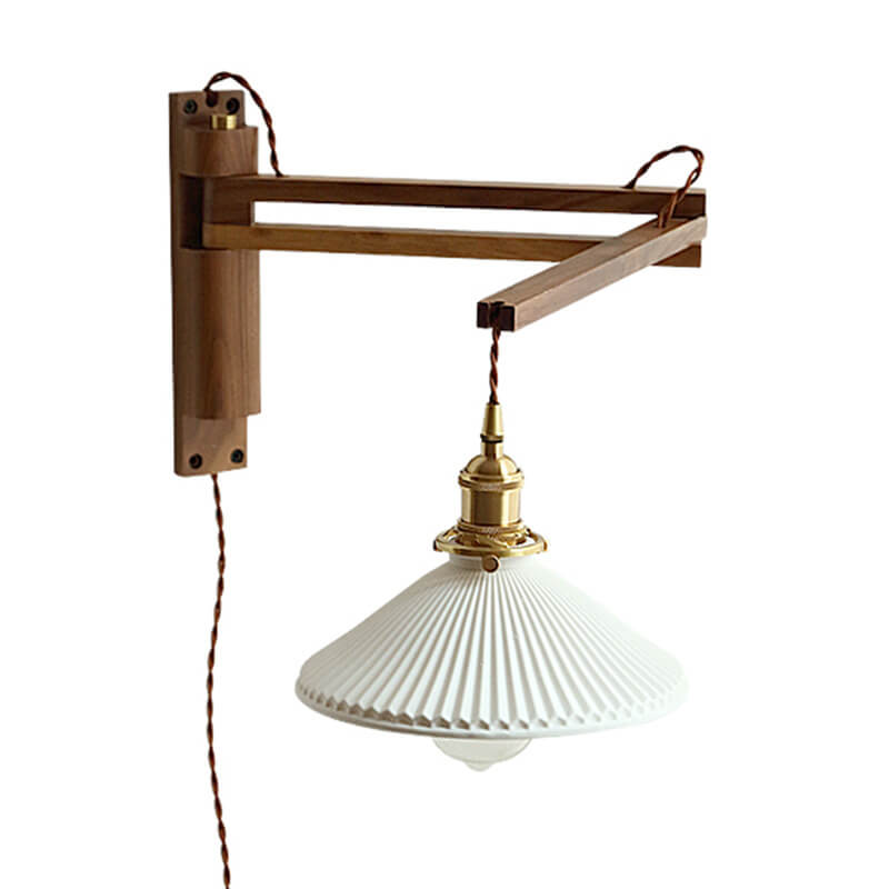 Uitschuifbare wandlamp met gestreept glas en houten arm voor woonkamer slaapkamer hal leeshoek sfeerverlichting