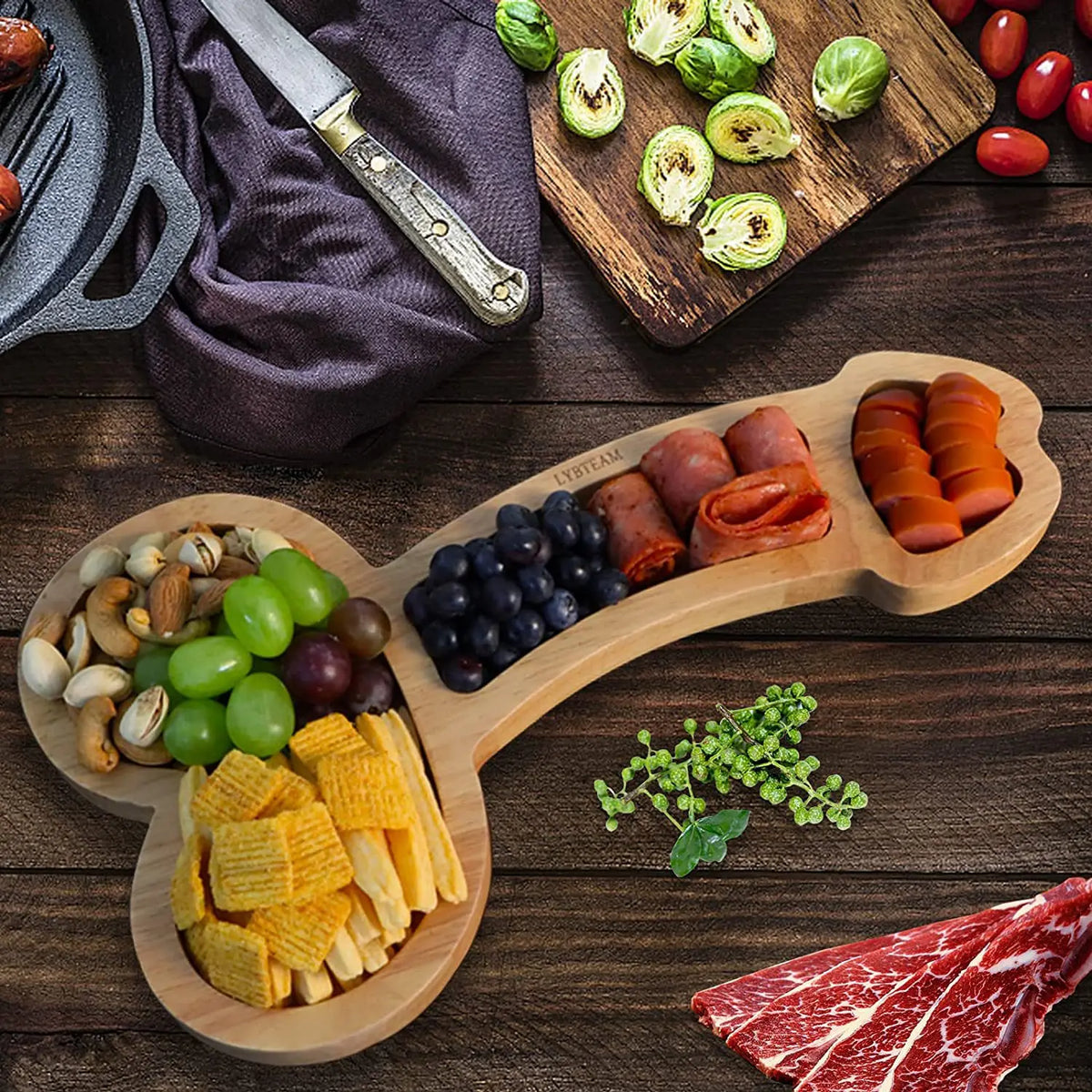 Multi-Compartiment Serveerplank van Donker Hout - Praktische Snackplank met Meerdere Vakjes voor Hapjes & Dips
