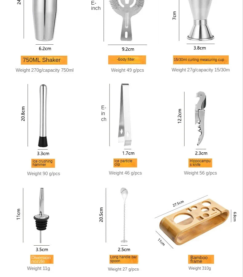 Professionele Barset 10-Delig RVS Cocktail Shaker Set Mixology Gereedschap Zilver Rosé Goud Zwart