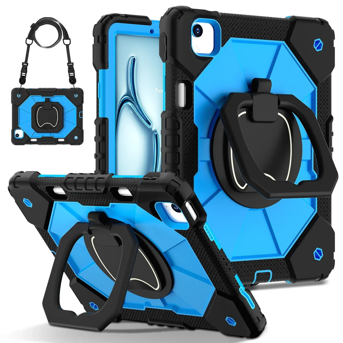 Robuuste iPad Hoes met Ringgrip Drielaagse Bescherming Kickstand Schouderband Screenprotector Zwart Oranje