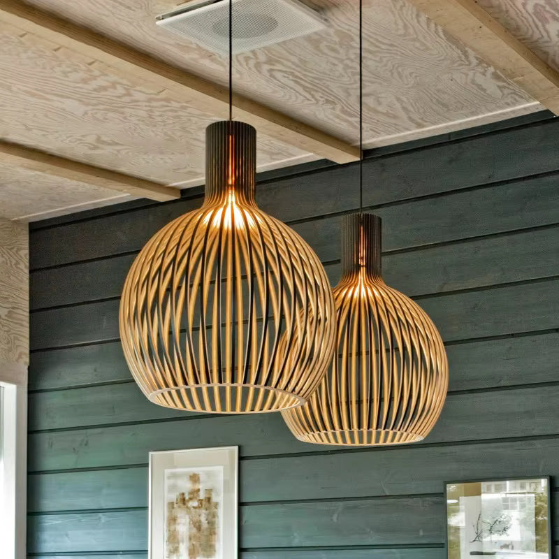 Organische Houten Hanglamp Bol Zwart met Houtstructuur 35cm 45cm